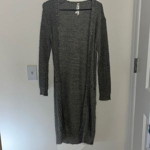 Long open front gary knit cardigan with pockets